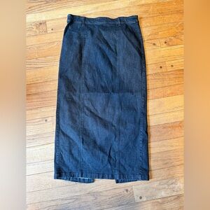 Belle Vere Black Denim Midi Skirt | Front Slit Stretch Jean Skirt | Size M